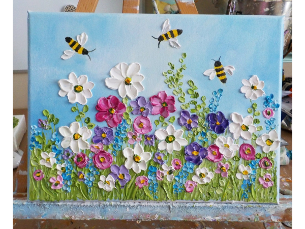 Bee and wildflower oil impasto painting