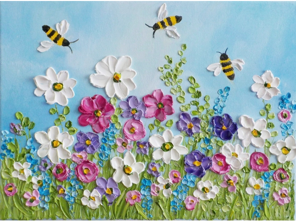 Bee and Wildflower textured oil painting