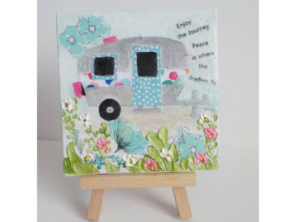 Miniature Camper Painting, Oil Impasto and Mixed Media