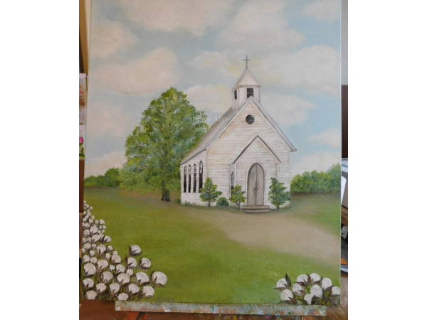 church and cotton field oil landscape painting