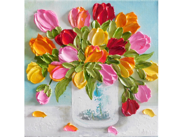 Square Bright Tulip Oil Impasto Painting