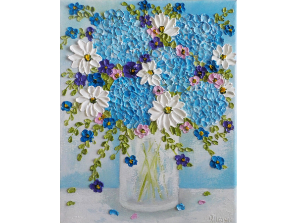 Blue Hydrangea and Daisy Oil Impasto Painting