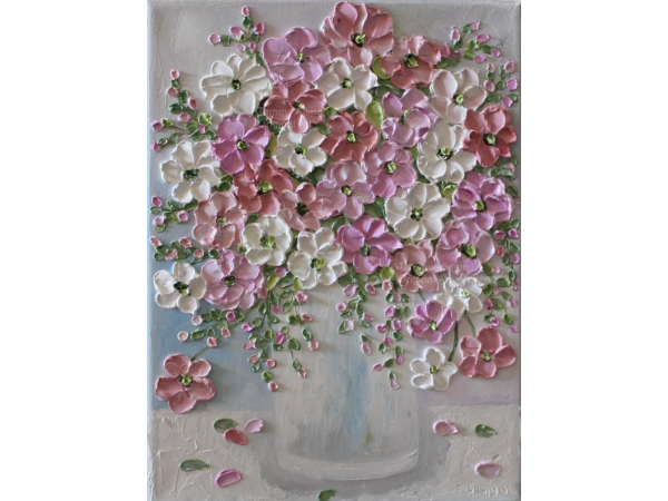 Oil Impasto apricot and pink daisy painting
