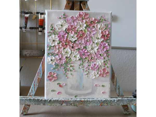 pink and apricot daisy oil impasto painting
