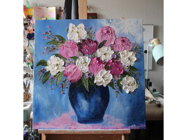 oil impasto peony and wildflower painting