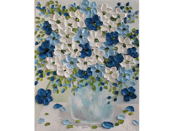 navy, light blue and white anemone oil impasto painting