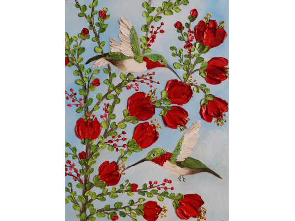 Broad-tailed hummingbird oil impasto painting