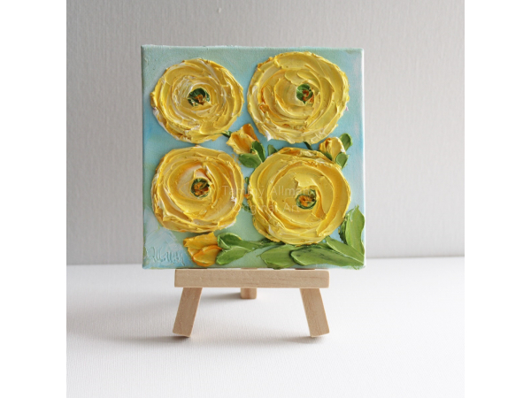 yellow ranunculus easel painting, miniature painting
