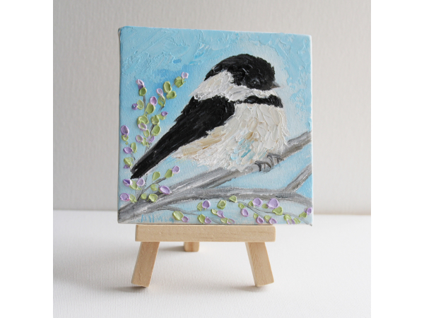 Chickadee on a Branch Impasto Easel Painting