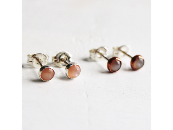 silver  and copper peach moonstone earrings