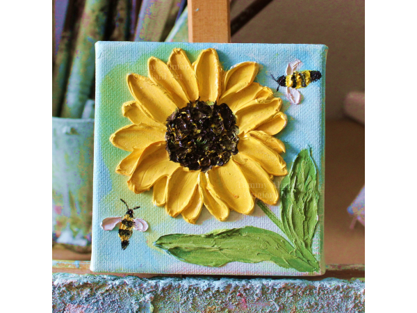 small bee and sunflower oil painting