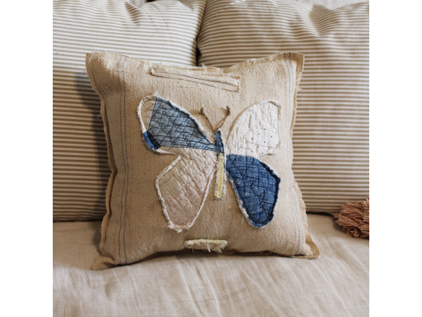 feed sack and vintage  quilt butterfly pillow