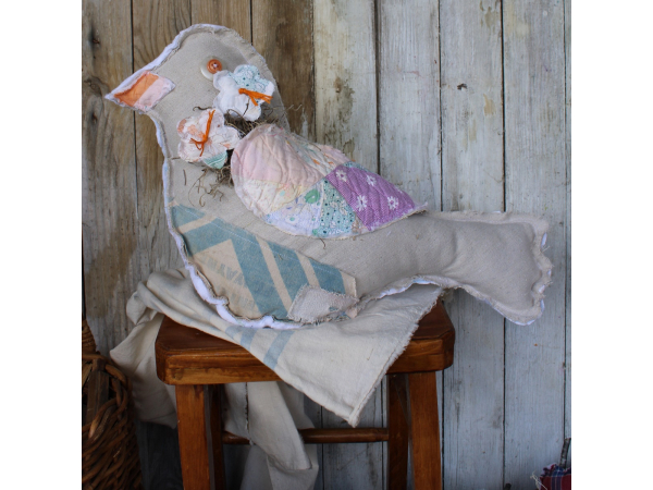 Vintage Feed sack and Quilted Bird Pillow, Farmhouse Pillow