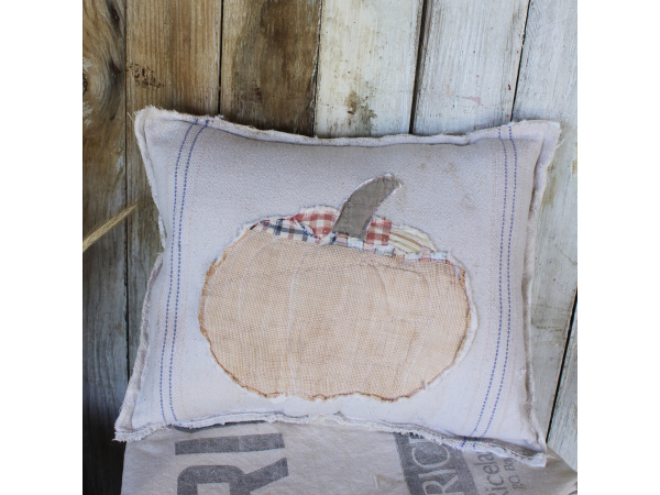 Vintage Quilted Pumpkin Grain Sack Pillow, Fall Pumpkin Pillows