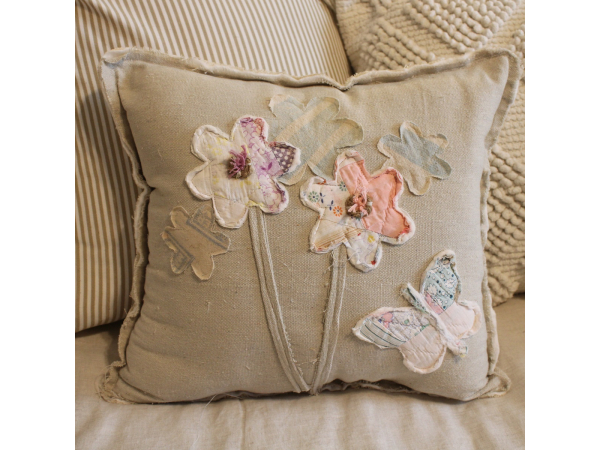 Vintage quilt and feed sack pillow, Flowers and butterfly pillow