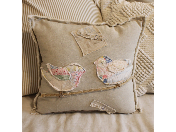 Birds on a branch pillow, quilted and feed sack pillow