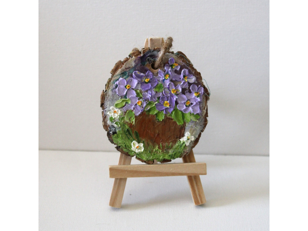 Miniature violet painting, oil impasto flower painting