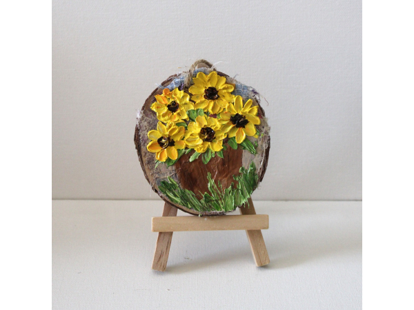 Miniature sunflower  painting, oil impasto flower painting