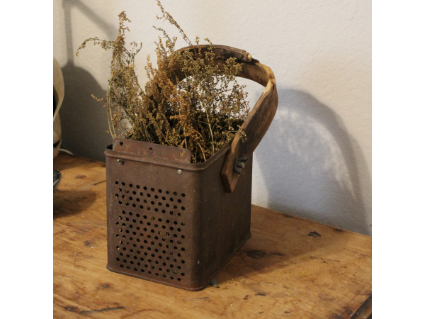 rusted metal basket with sweet annies
