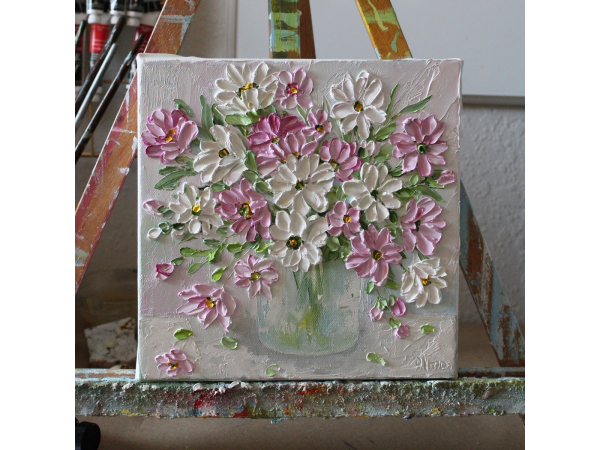 Daisy oil impasto painting, pastel painting