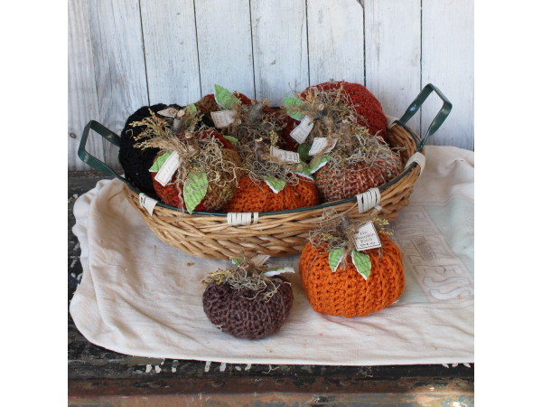 basket of pumpkins, crochet pumpkins, fall tabletop