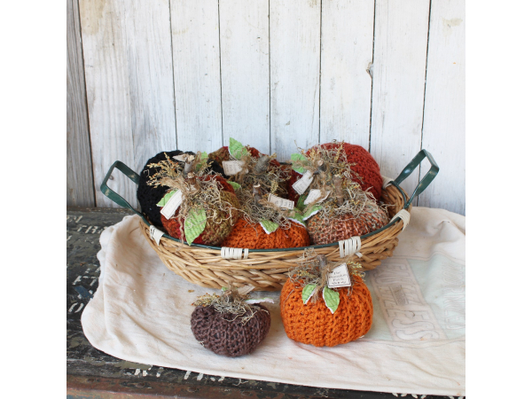 basket of pumpkins, crochet pumpkins, fall tabletop