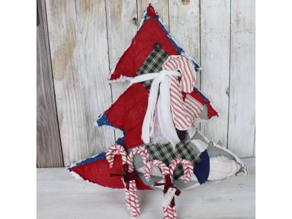 vintage quilt tree pillow with red and white ticking candy cane