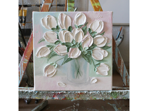 oil impasto white tulip painting