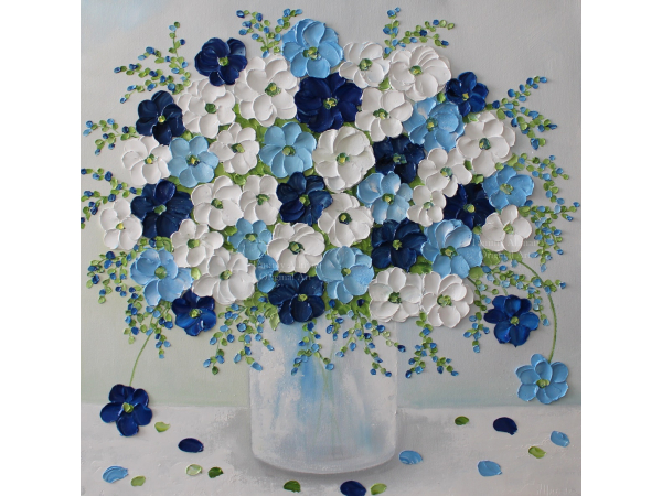 Square blue anemone oil impasto painting