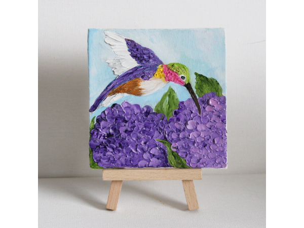 Purple hydrangea and hummingbird oil painting