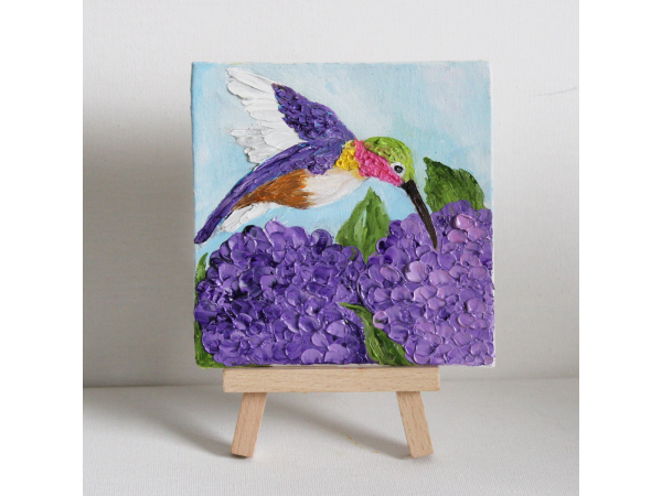 Hydrangea and Hummingbird oil impasto painting