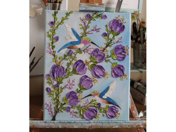 purple flowers and hummingbird painting