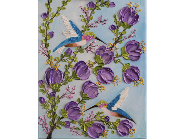 Hummingbird and purple Hibiscus oil painting