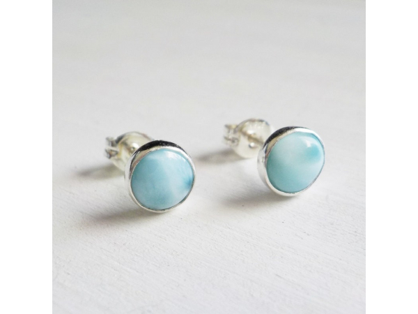 Larimar Stone Cabochon Fine Silver Studs , Beach Earrings, Dolphin Stone