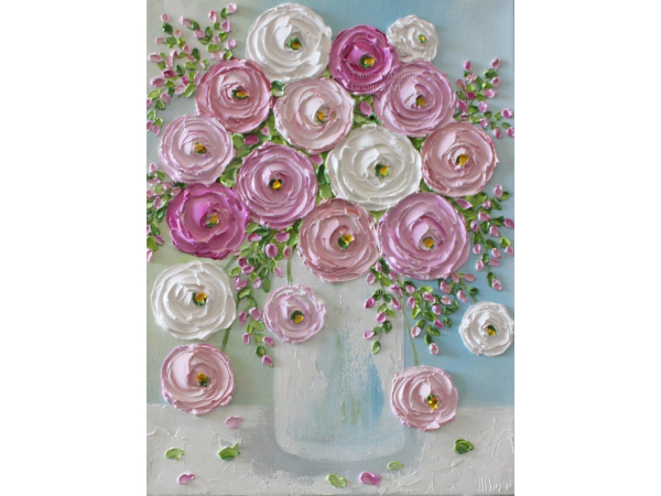 pink ,white, and  apricot ranunculus oil impasto painting