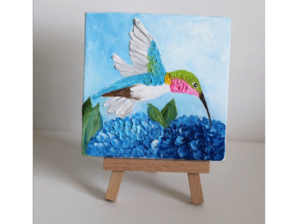 Blue hydrangea and hummingbird miniature painting with easel