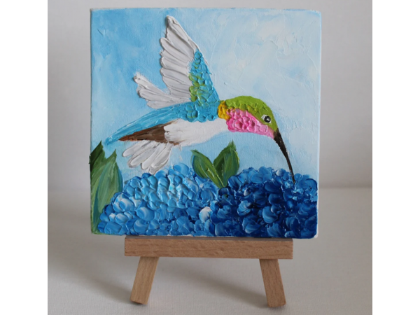 Hydrangea and Hummingbird oil impasto painting