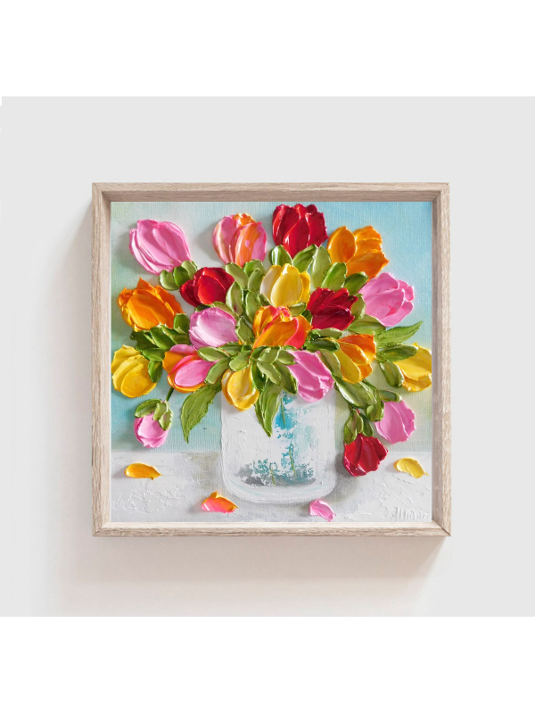 Bright tulips in a vase oil impasto painting
