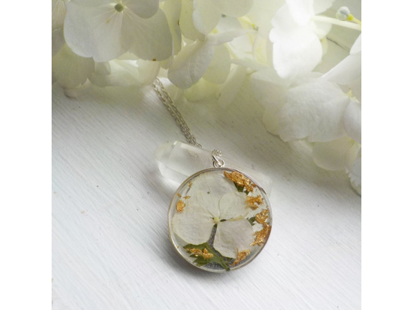 White hydrangea and gold sterling silver dried flower necklace