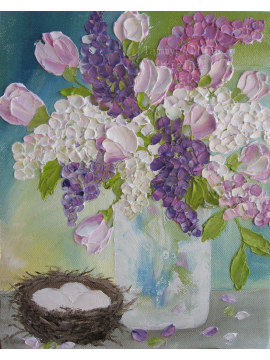 Lilac, Tulips and Birds Nest Oil Impasto Painting Lilacs and Tulips Oil Painting, Impasto Oil Painting, Lilac Oil Painting