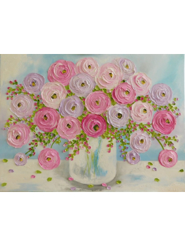 Lavender and Pink Ranunculus Impasto Painting