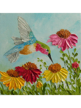 Hummingbird and Cone Flower Oil impasto Painting
