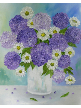Purple hydrangea and daisy oil impasto painting