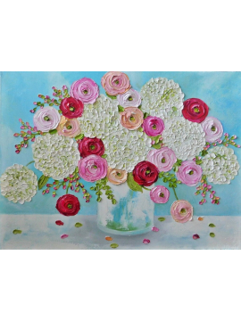 White Hydrangea and Ranunculus Oil Painting