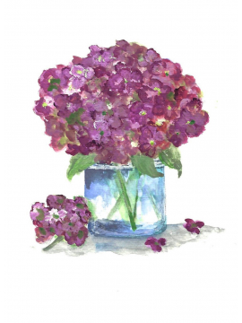 Plum Hydrangeas in blue vase watercolor
