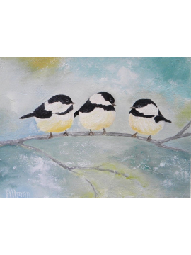 Three Chickadees on a Branch Oil Impasto Painting