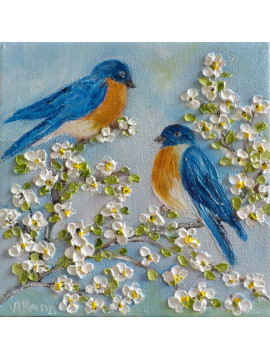Custom ORIGINAL OIL  Bluebirds Spring Blossoms Impasto Painting