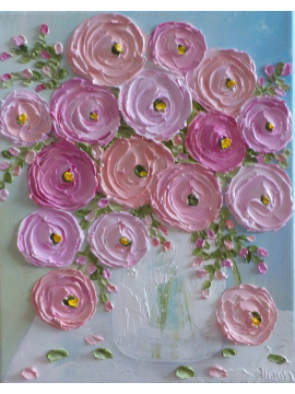 pink and apricot ranunculus oil impasto painting