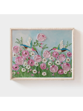 Hummingbirds and flowers oil painting