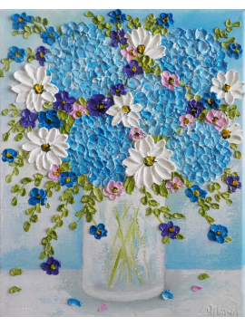 Blue Hydrangea and Daisy Oil Impasto Painting